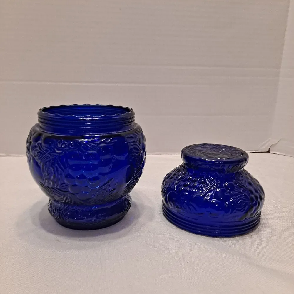 Antique Cobalt Blue Candy Canister Jar Fruit Motif 7